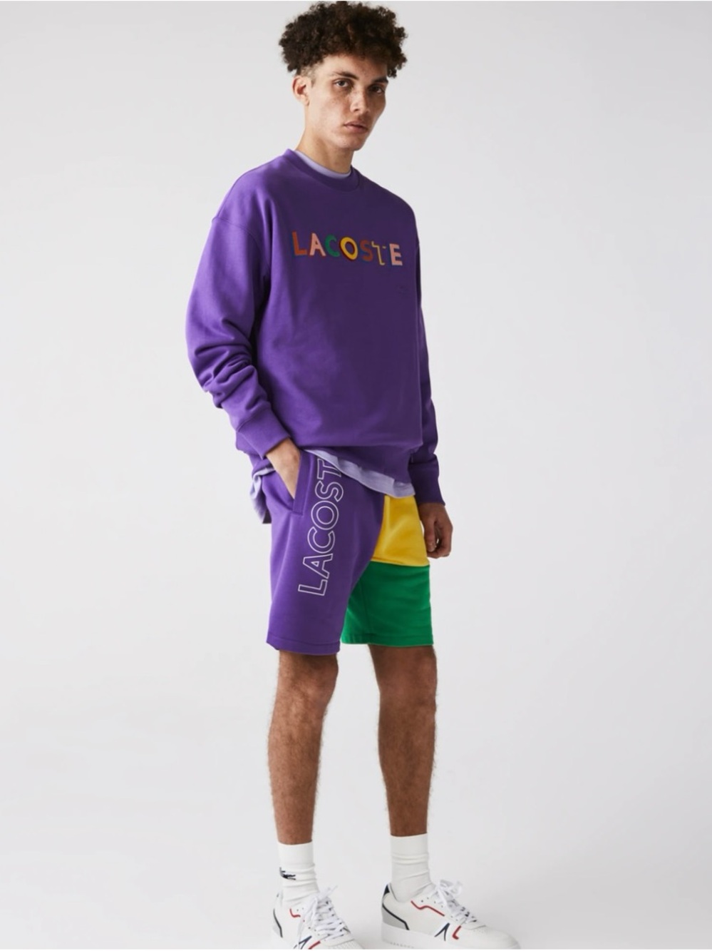 LACOSTE Mens Colorblock Fleece Shorts Purple Yellow Green Spellout Logo GH6875